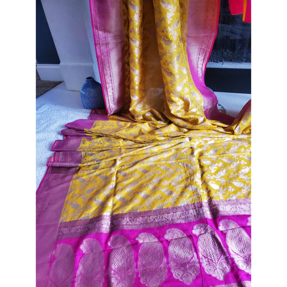 Women Pure Silk Jaal Benarasi Saree Handloom Wedding - Picture 2 of 12